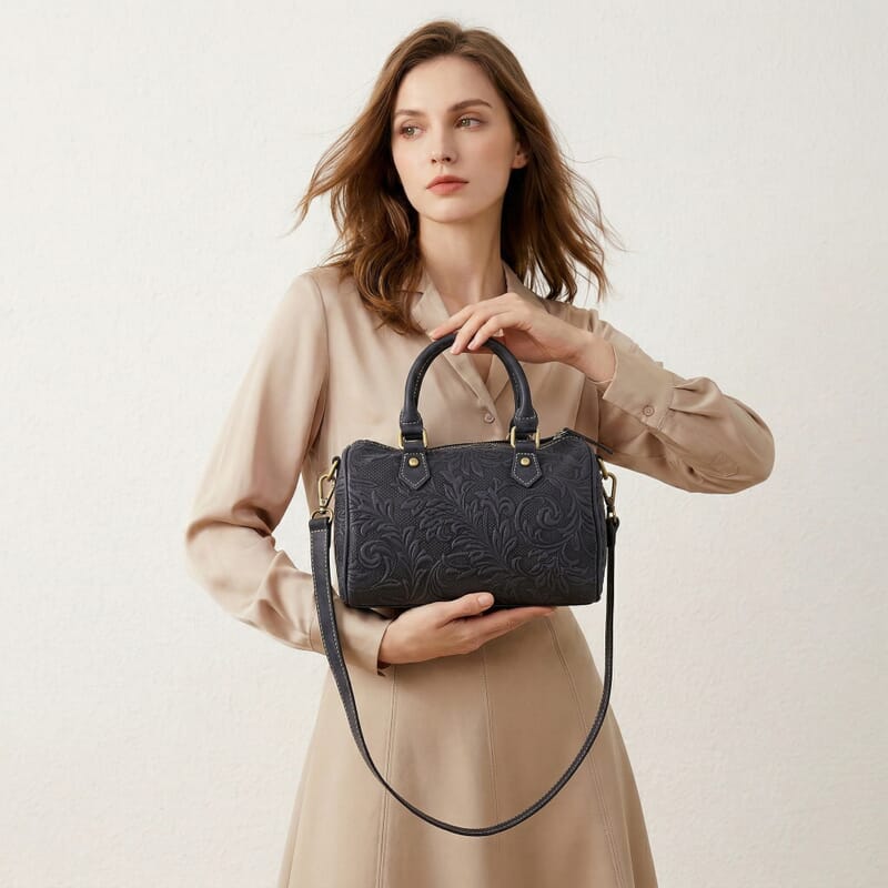 La Marey Blue Herringbone Pattern Genuine Leather Crossbody Bag with Shoulder Strap