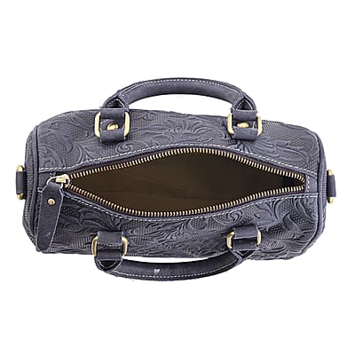 La Marey Blue Herringbone Pattern Genuine Leather Crossbody Bag with Shoulder Strap