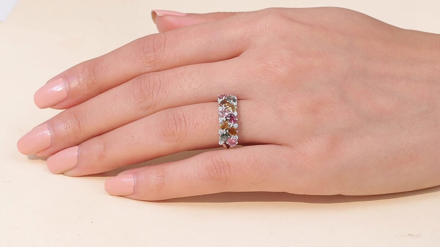 D'Joy Premium Multi-Tourmaline, White Zircon Ring in Rhodium Over Sterling Silver (Size 10.0) 2.10 ctw
