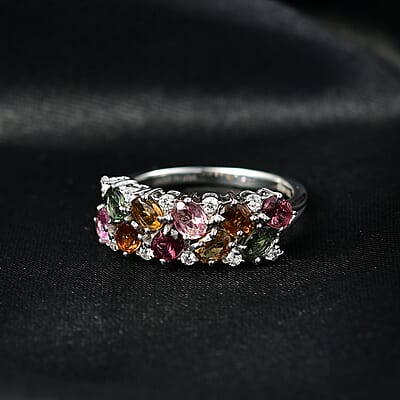 D'Joy  Multi-Tourmaline, White Zircon Ring in Rhodium Over Sterling Silver 2.10 ctw (Size 10.0)