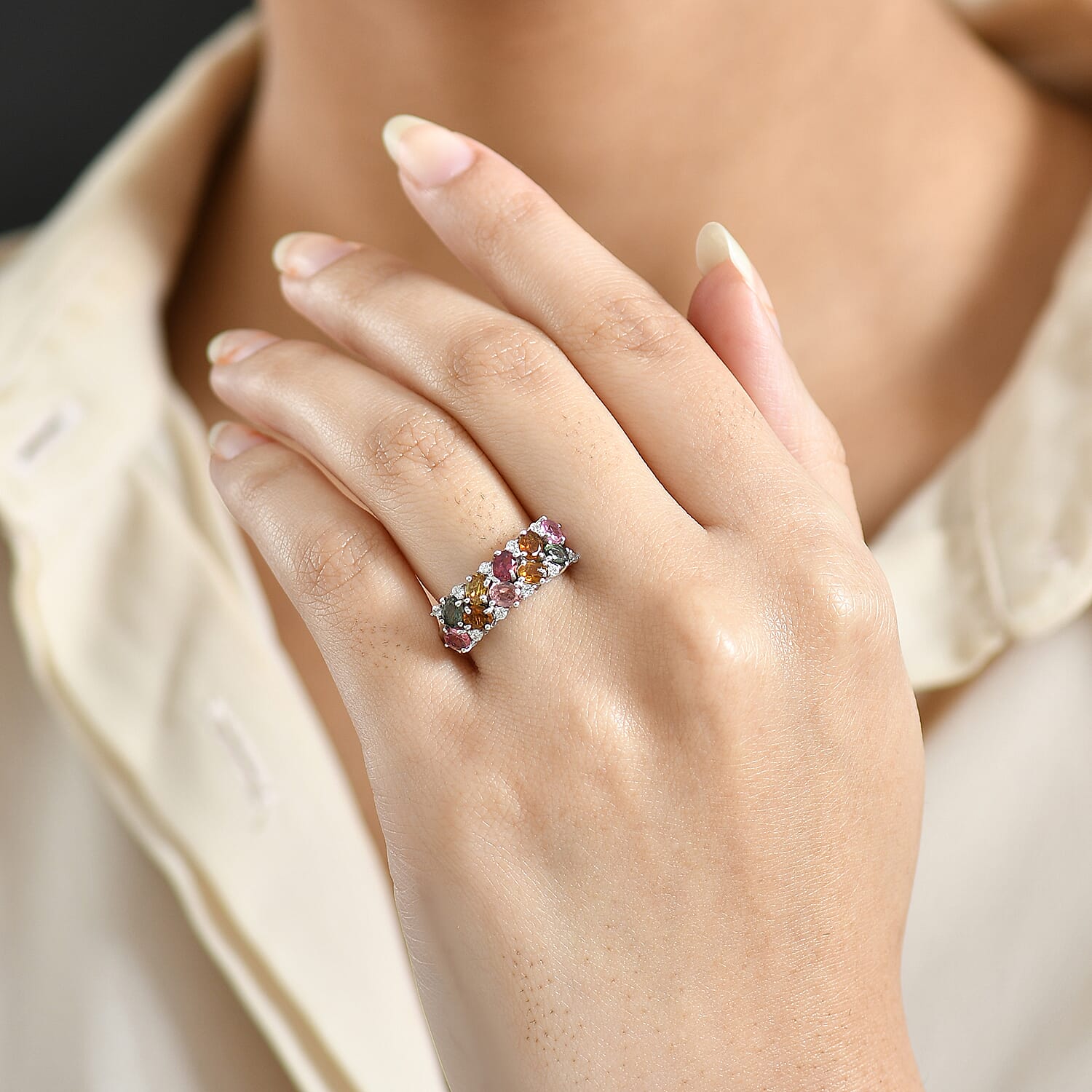 D'Joy  Multi-Tourmaline, White Zircon Ring in Rhodium Over Sterling Silver 2.10 ctw (Size 10.0)