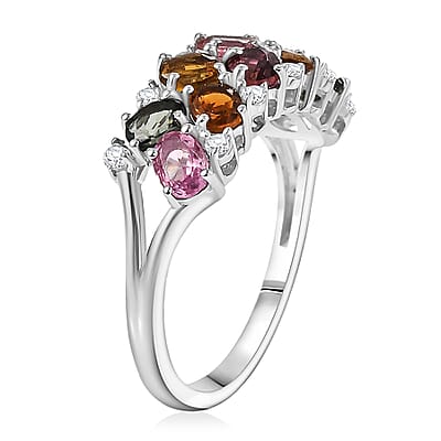 D'Joy  Multi-Tourmaline, White Zircon Ring in Rhodium Over Sterling Silver 2.10 ctw (Size 10.0)