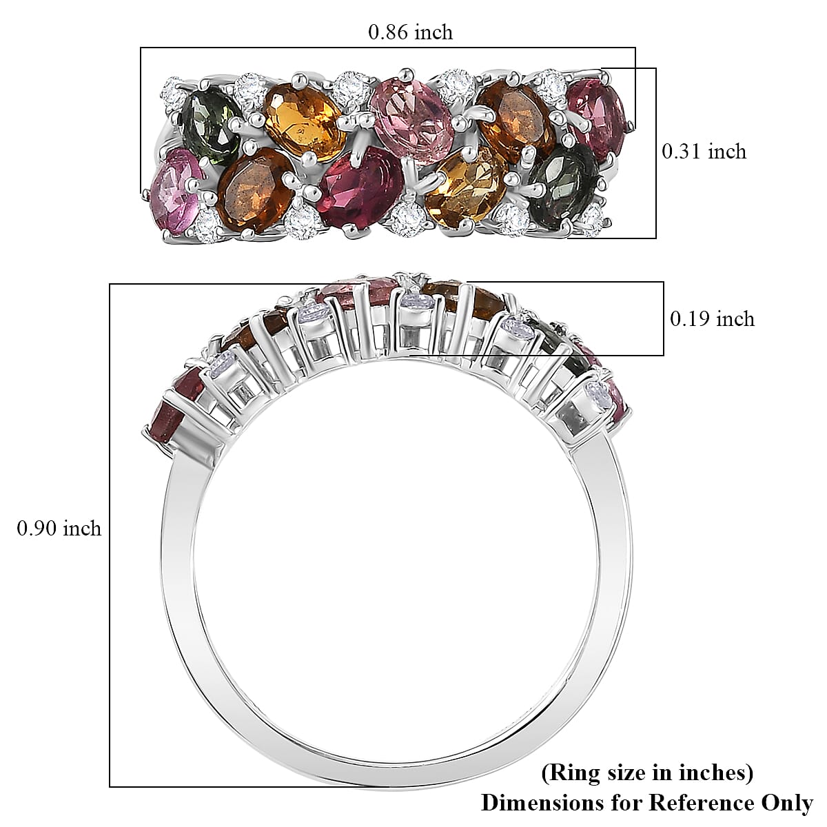 D'Joy  Multi-Tourmaline, White Zircon Ring in Rhodium Over Sterling Silver 2.10 ctw (Size 10.0)