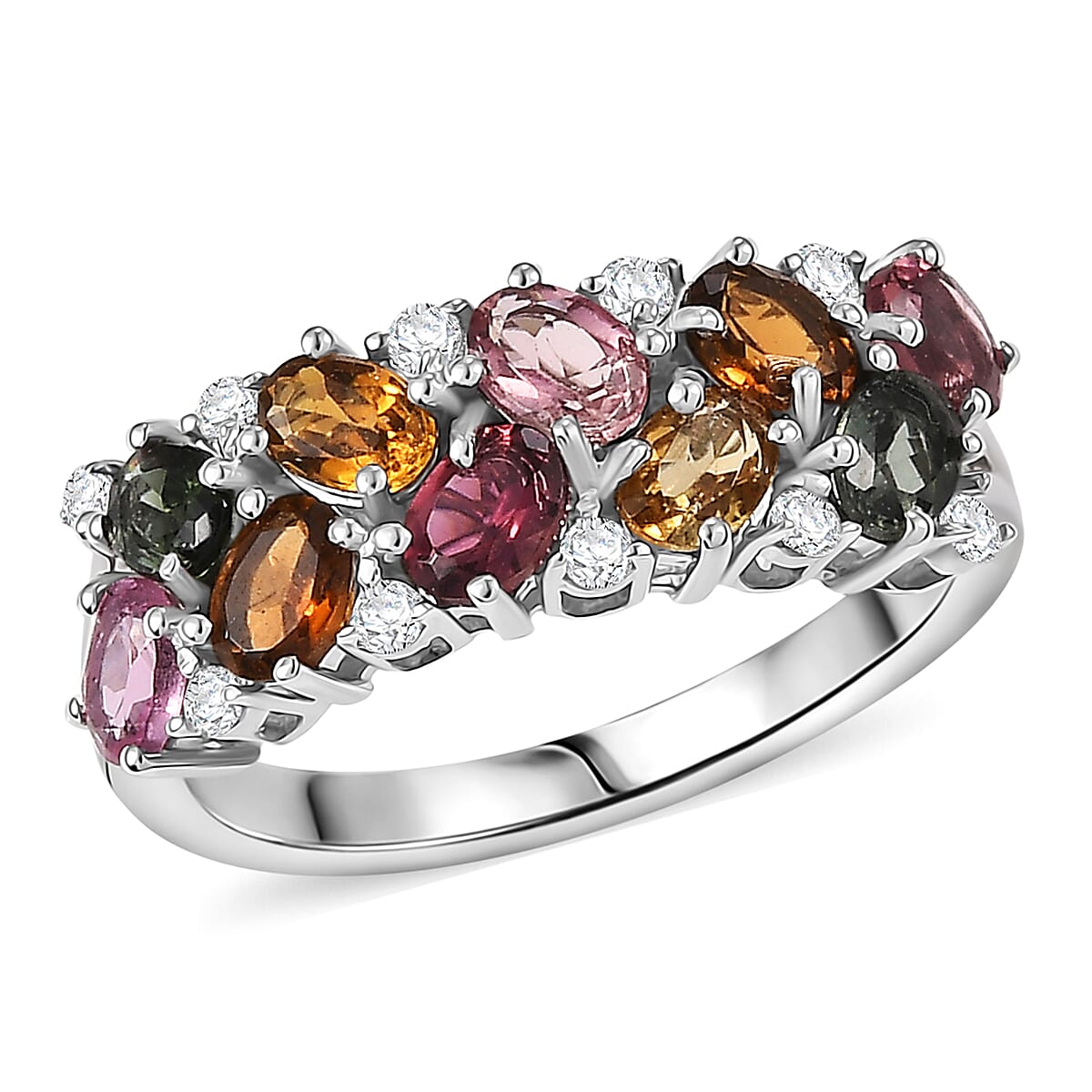 D'Joy Premium Multi-Tourmaline and White Zircon 2.10 ctw Ring in Rhodium Over Sterling Silver (Size 6.0) image number 0