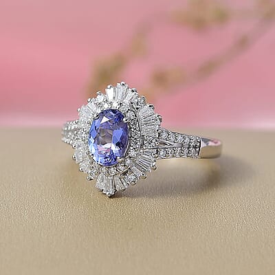 D'Joy Tanzanite, Moissanite Ring in Rhodium Over Sterling Silver 2.15 ctw (Size 10.0)