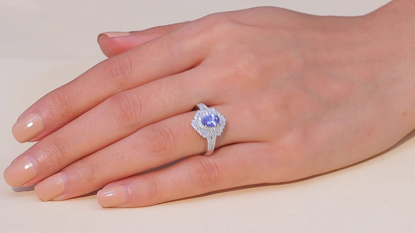 D'Joy Premium Tanzanite, Moissanite Celestial Radiance Ring in Rhodium Over Sterling Silver (Size 10.0) 2.15 ctw