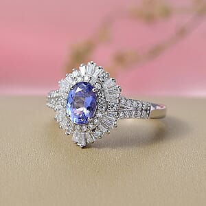 D'Joy Tanzanite, Moissanite Ring in Rhodium Over Sterling Silver 2.15 ctw (Size 7.0)