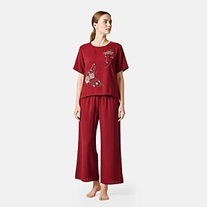 La Marey Burgundy Floral Short Sleeve Top and Wide Leg Pants- One Size Fits Most