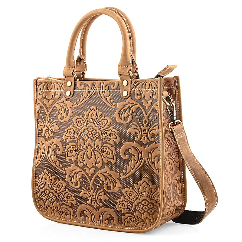 La Marey Rustic Yellow Paisley Pattern Genuine Leather Crossbody Bag with Shoulder Strap