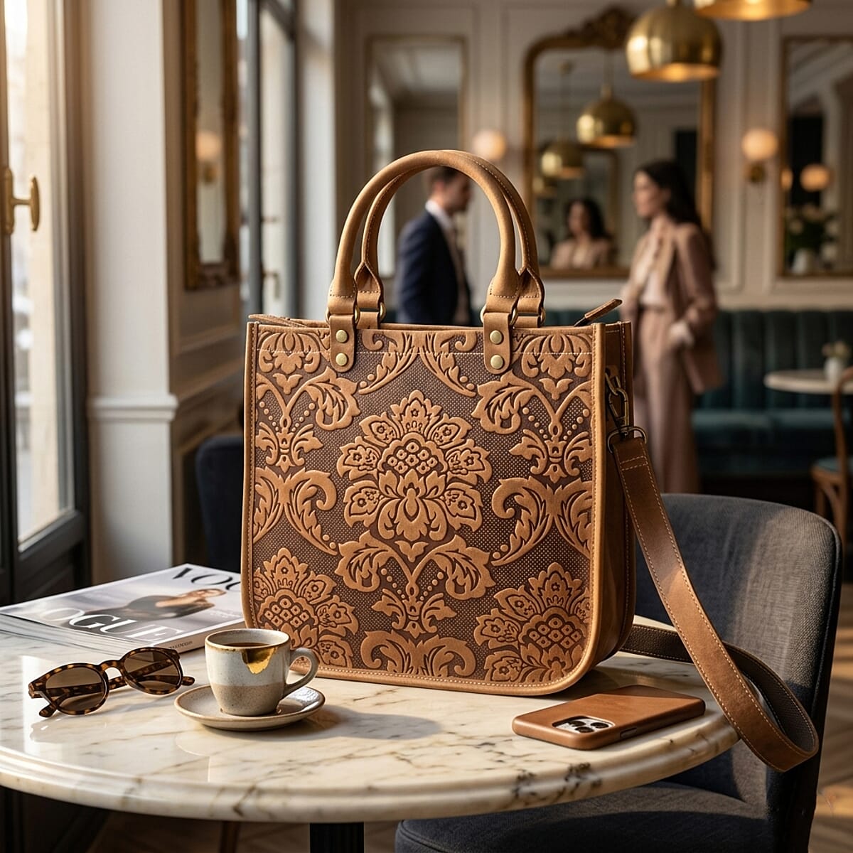 La Marey Yellow Herringbone Pattern Genuine Leather Crossbody Bag with Shoulder Strap image number 1