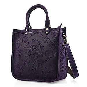 La Marey Purple Herringbone Pattern Genuine Leather Crossbody Bag with Shoulder Strap