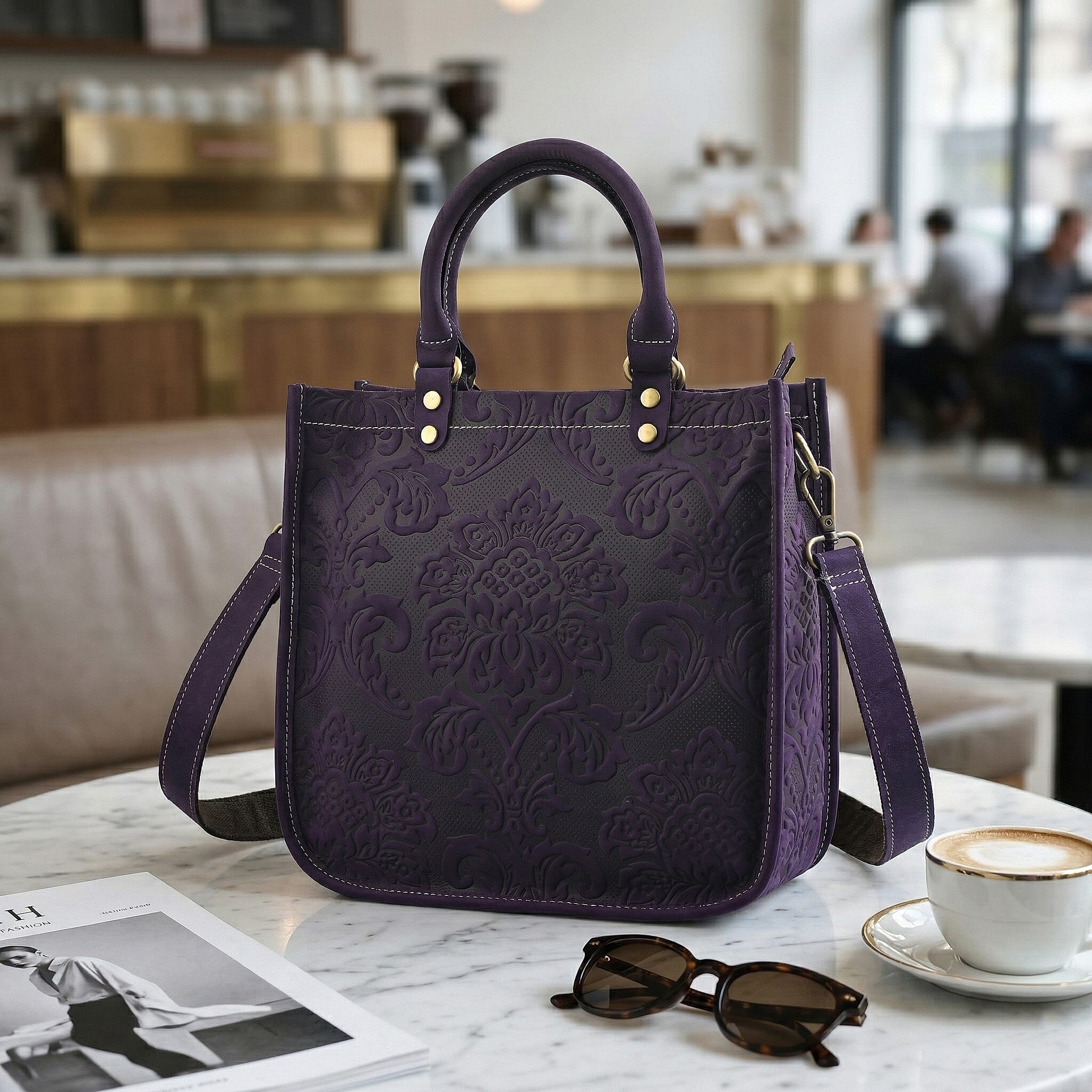 La Marey Purple Herringbone Pattern Genuine Leather Crossbody Bag with Shoulder Strap