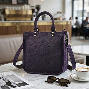 La Marey Purple Herringbone Pattern Genuine Leather Crossbody Bag with Shoulder Strap