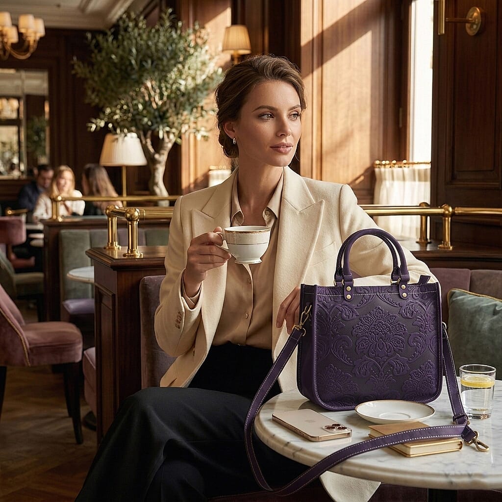 La Marey Purple Herringbone Pattern Genuine Leather Crossbody Bag with Shoulder Strap