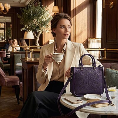 La Marey Purple Herringbone Pattern Genuine Leather Crossbody Bag with Shoulder Strap