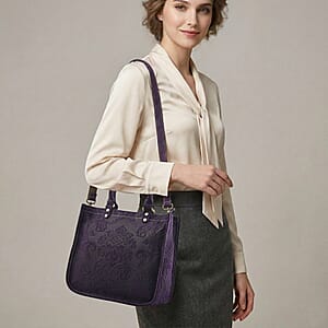La Marey Purple Herringbone Pattern Genuine Leather Crossbody Bag with Shoulder Strap