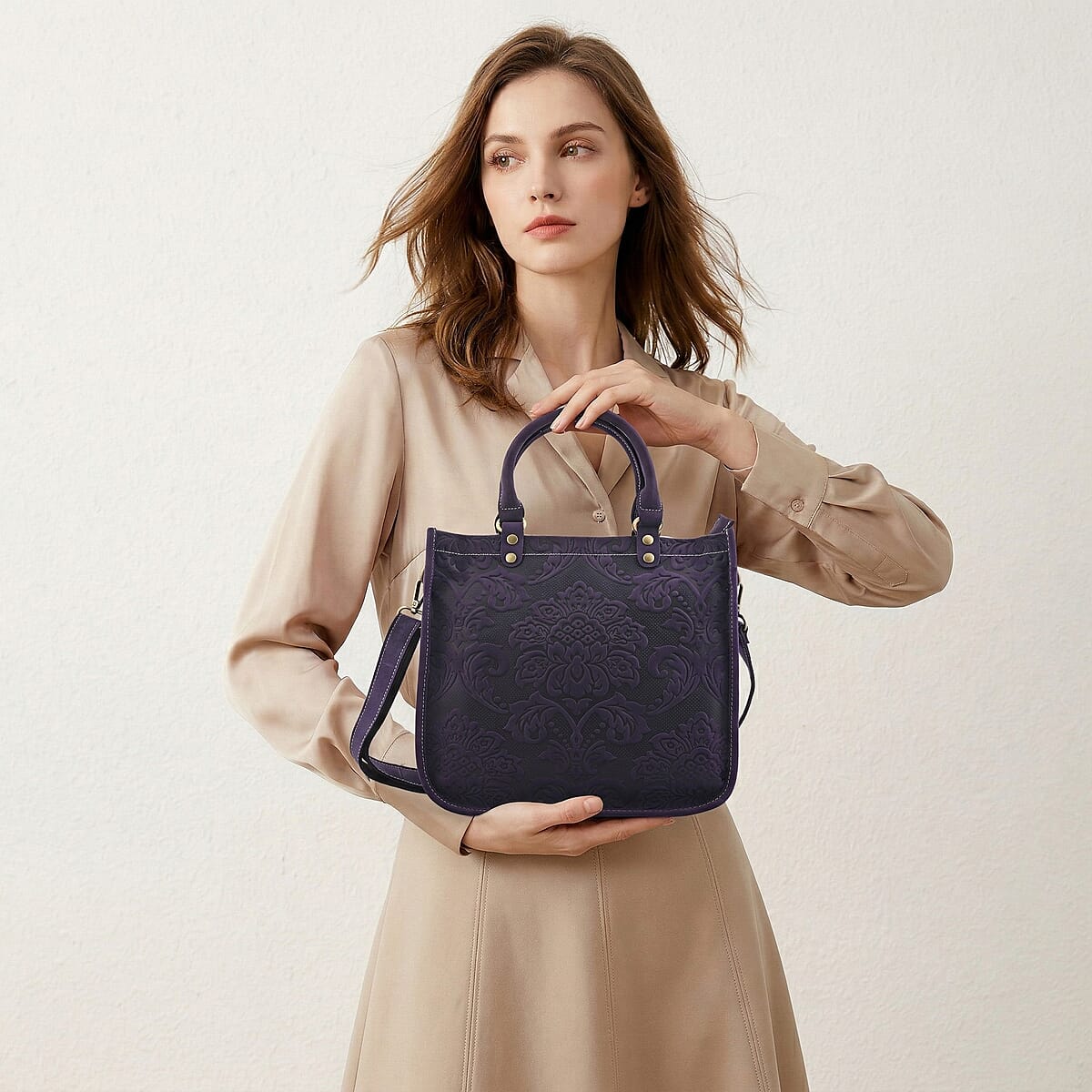 La Marey Purple Herringbone Pattern Genuine Leather Crossbody Bag with Shoulder Strap image number 4