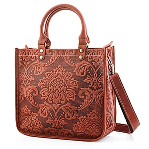 La Marey Orange & Red Herringbone Pattern Genuine Leather Crossbody Bag with Shoulder Strap