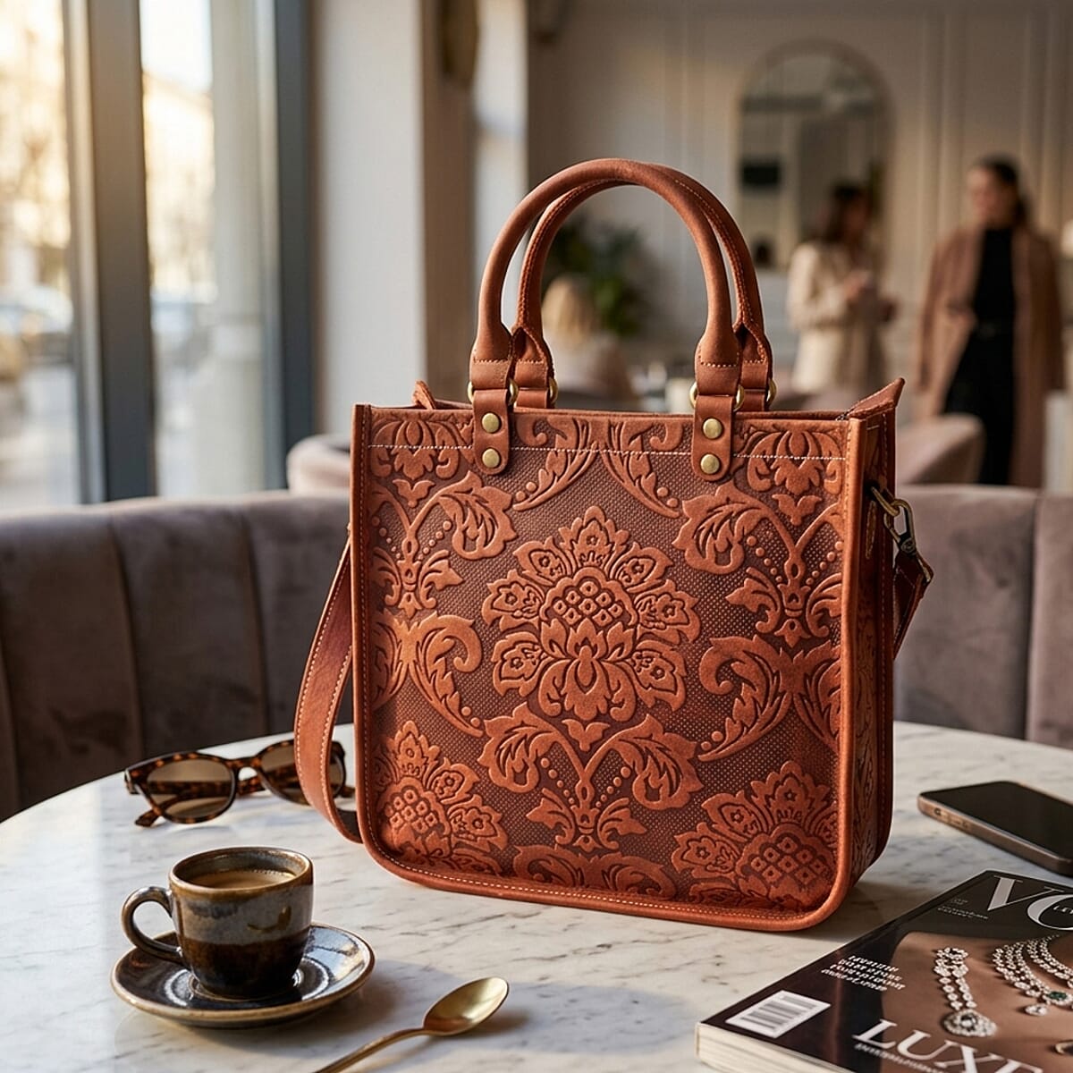 La Marey Orange & Red Herringbone Pattern Genuine Leather Crossbody Bag with Shoulder Strap image number 1