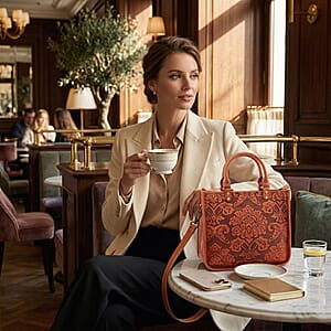 La Marey Orange & Red Herringbone Pattern Genuine Leather Crossbody Bag with Shoulder Strap