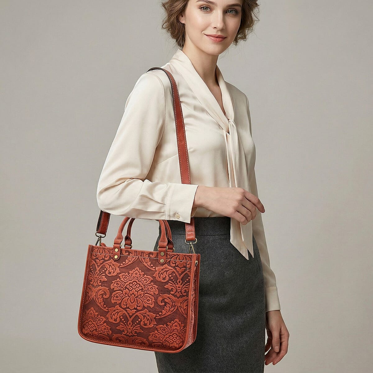 La Marey Orange & Red Herringbone Pattern Genuine Leather Crossbody Bag with Shoulder Strap image number 3