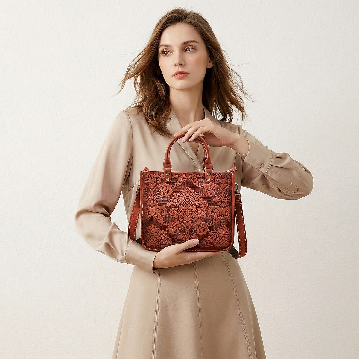 La Marey Orange & Red Herringbone Pattern Genuine Leather Crossbody Bag with Shoulder Strap image number 4