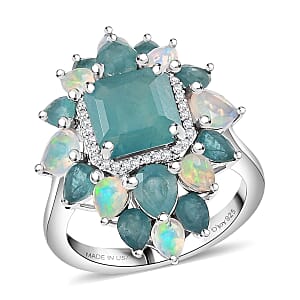 D'Joy Asscher Cut Premium Grandidierite and Multi Gemstone 5.60 ctw Celestial Bloom Ring in Rhodium Over Sterling Silver (Size 10.0)