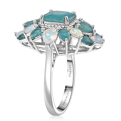 D'Joy Asscher Cut Premium Grandidierite and Multi Gemstone 5.60 ctw Celestial Bloom Ring in Rhodium Over Sterling Silver (Size 10.0)