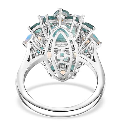 D'Joy Asscher Cut Premium Grandidierite and Multi Gemstone 5.60 ctw Celestial Bloom Ring in Rhodium Over Sterling Silver (Size 10.0)
