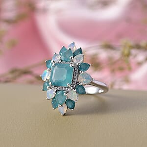 D'Joy Asscher Cut Premium Grandidierite and Multi Gemstone 5.60 ctw Celestial Bloom Ring in Rhodium Over Sterling Silver (Size 6.0)