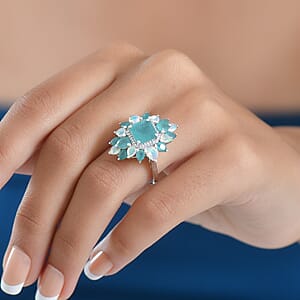 D'Joy Asscher Cut Premium Grandidierite and Multi Gemstone 5.60 ctw Celestial Bloom Ring in Rhodium Over Sterling Silver (Size 6.0)
