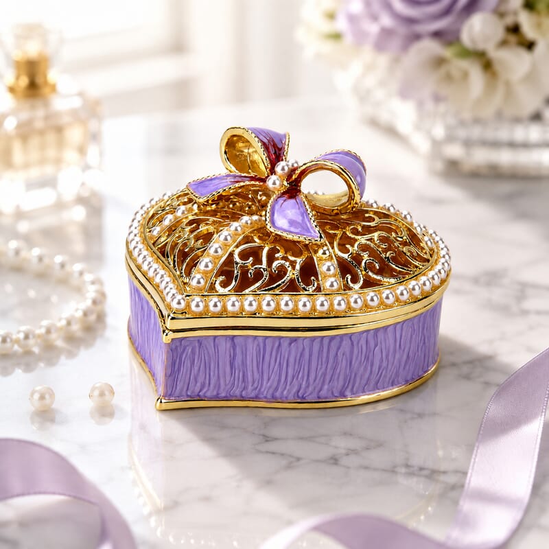 Livmore Purple & White Hearted Design Trinket Box Hollowed-Out Patterns