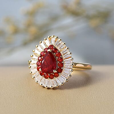 D'Joy Mexican Cherry Fire Opal, Moissanite Ring in 18K Vermeil YG Over Sterling Silver 1.65 ctw (Size 10.0)