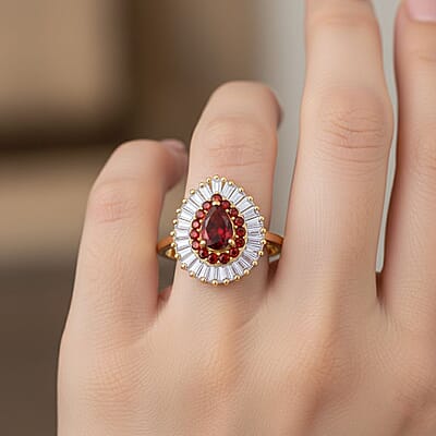 D'Joy Mexican Cherry Fire Opal, Moissanite Ring in 18K Vermeil YG Over Sterling Silver 1.65 ctw (Size 10.0)