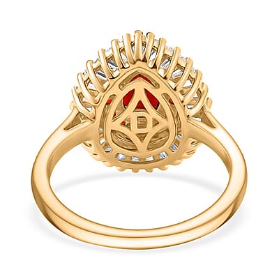 D'Joy Mexican Cherry Fire Opal, Moissanite Ring in 18K Vermeil YG Over Sterling Silver 1.65 ctw (Size 10.0)