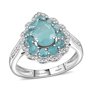 D'Joy Premium Grandidierite and White Zircon 2.40 ctw Floral Art Deco Ring in Rhodium Over Sterling Silver (Size 10.0)