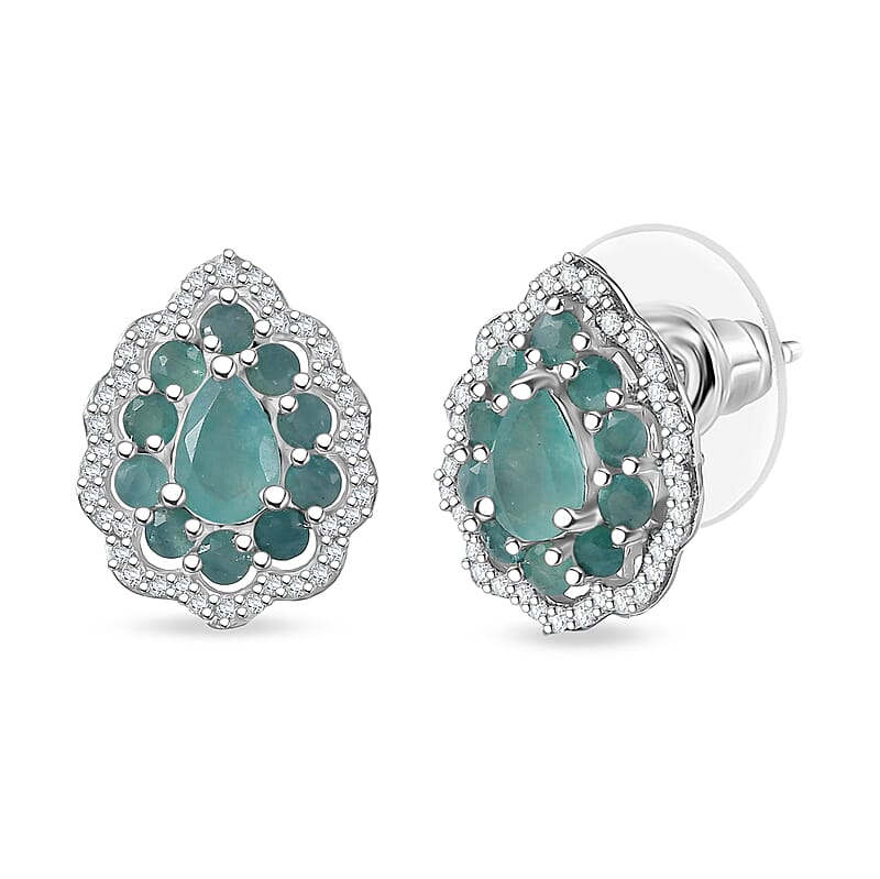D'Joy Premium Grandidierite and White Zircon 2.10 ctw Floral Art Deco Earrings in Rhodium Over Sterling Silver
