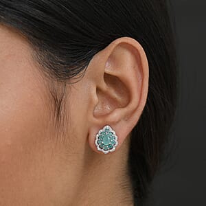 D'Joy Premium Grandidierite and White Zircon 2.10 ctw Floral Art Deco Earrings in Rhodium Over Sterling Silver