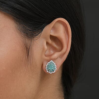 D'Joy Premium Grandidierite and White Zircon 2.10 ctw Floral Art Deco Earrings in Rhodium Over Sterling Silver