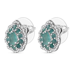 D'Joy Premium Grandidierite and White Zircon 2.10 ctw Floral Art Deco Earrings in Rhodium Over Sterling Silver