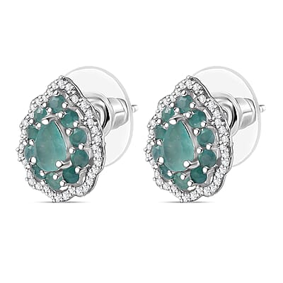 D'Joy Premium Grandidierite and White Zircon 2.10 ctw Floral Art Deco Earrings in Rhodium Over Sterling Silver