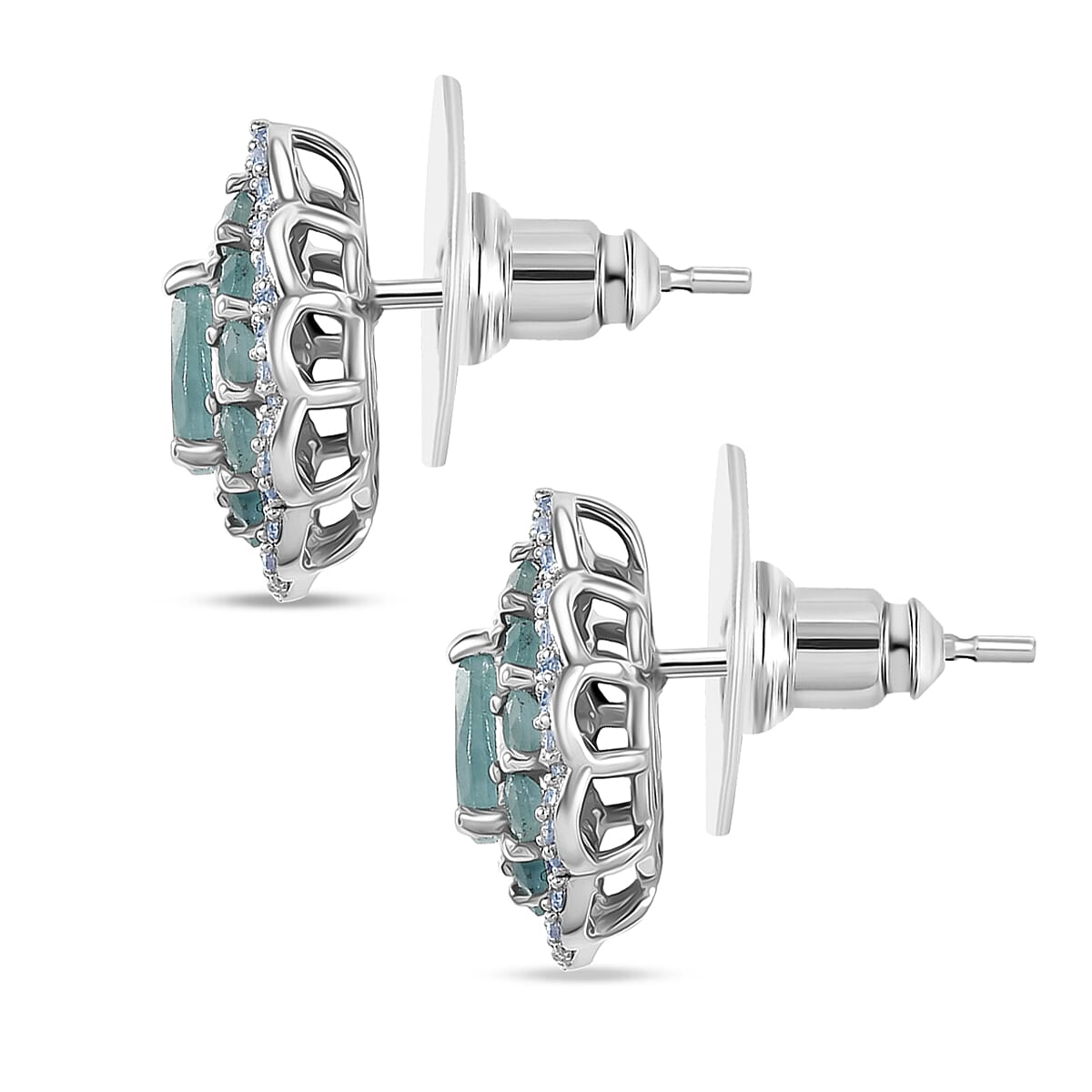 D'Joy Premium Grandidierite and White Zircon 2.10 ctw Floral Art Deco Earrings in Rhodium Over Sterling Silver image number 4