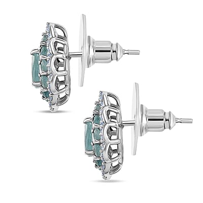 D'Joy Premium Grandidierite and White Zircon 2.10 ctw Floral Art Deco Earrings in Rhodium Over Sterling Silver
