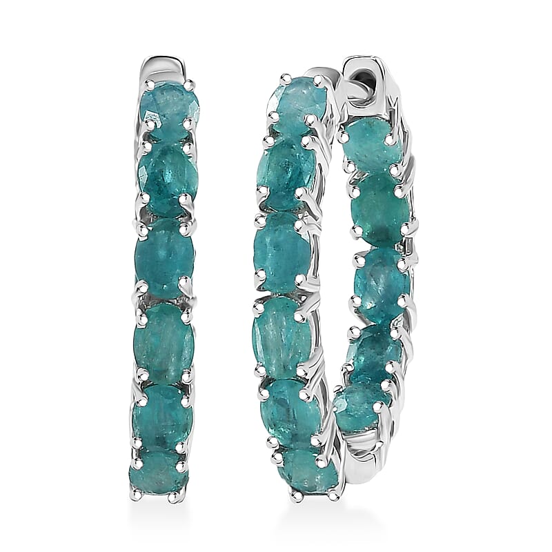 D'Joy Premium Grandidierite 3.70 ctw Art Deco Hoop Earrings in Rhodium Over Sterling Silver