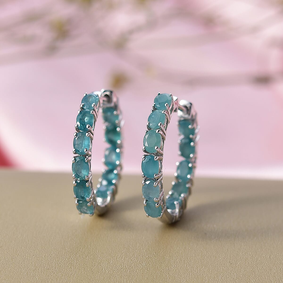 D'Joy Premium Grandidierite 3.70 ctw Art Deco Hoop Earrings in Rhodium Over Sterling Silver image number 1