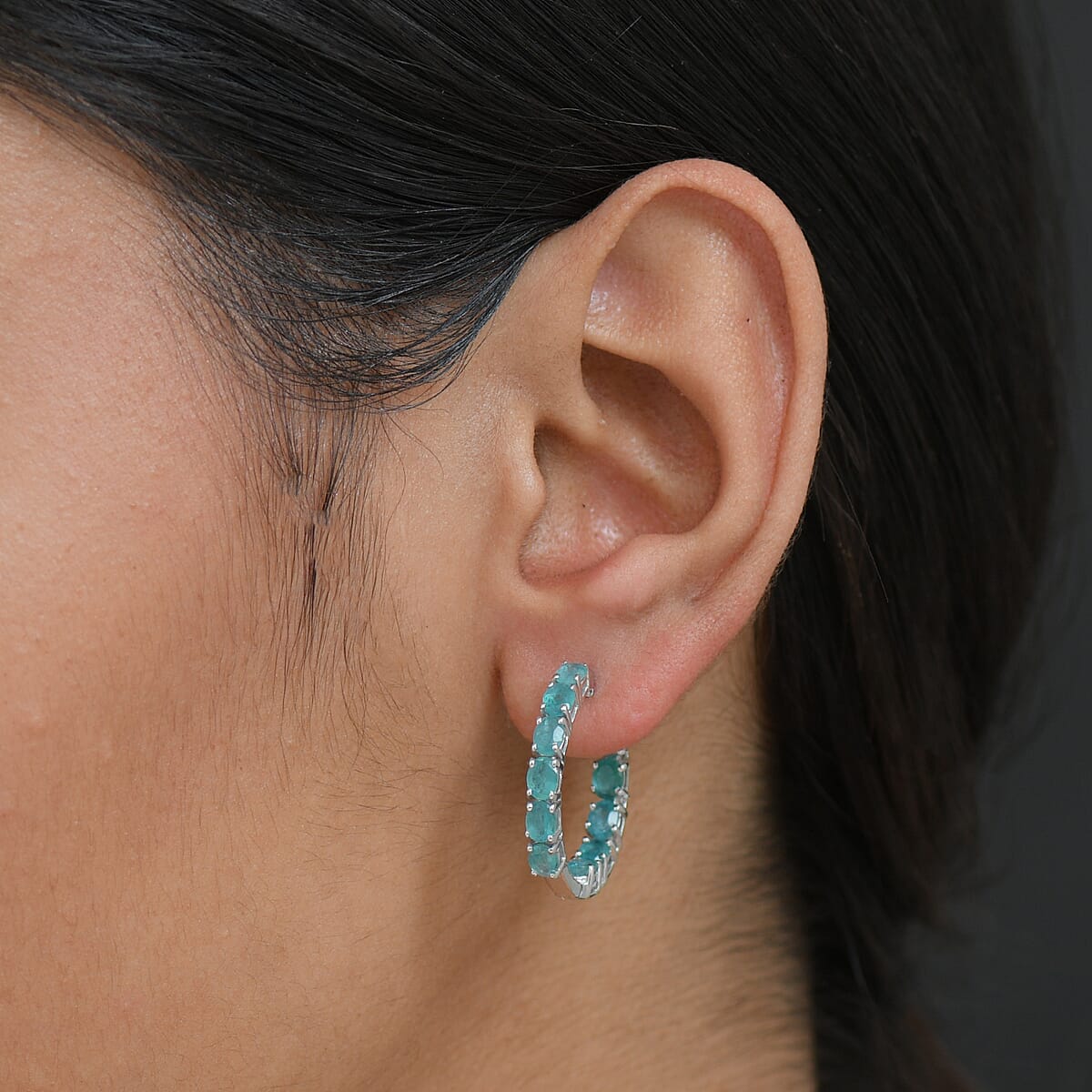 D'Joy Premium Grandidierite 3.70 ctw Art Deco Hoop Earrings in Rhodium Over Sterling Silver image number 2