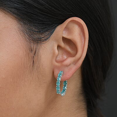 D'Joy Premium Grandidierite 3.70 ctw Art Deco Hoop Earrings in Rhodium Over Sterling Silver
