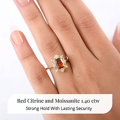 D'Joy Premium Red Citrine and Moissanite 1.40 ctw Crown of Flames Ring in 18K Vermeil Yellow Gold Over Sterling Silver (Size 10.0)
