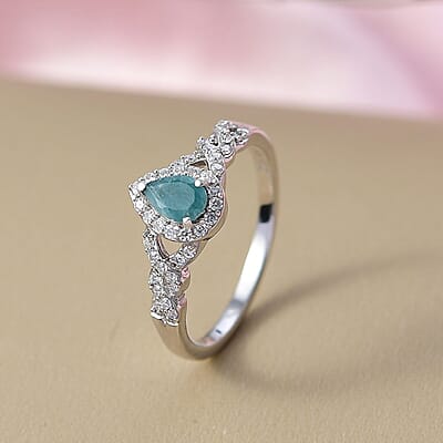 D'Joy Premium Grandidierite and Moissanite 0.75 ctw Dew Drop Ring in Rhodium Over Sterling Silver (Size 10.0)