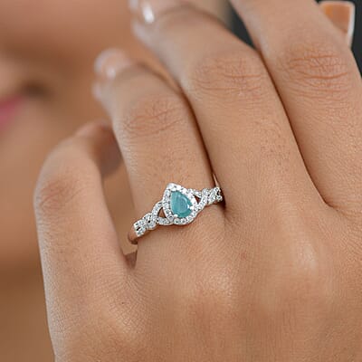 D'Joy Premium Grandidierite and Moissanite 0.75 ctw Dew Drop Ring in Rhodium Over Sterling Silver (Size 10.0)